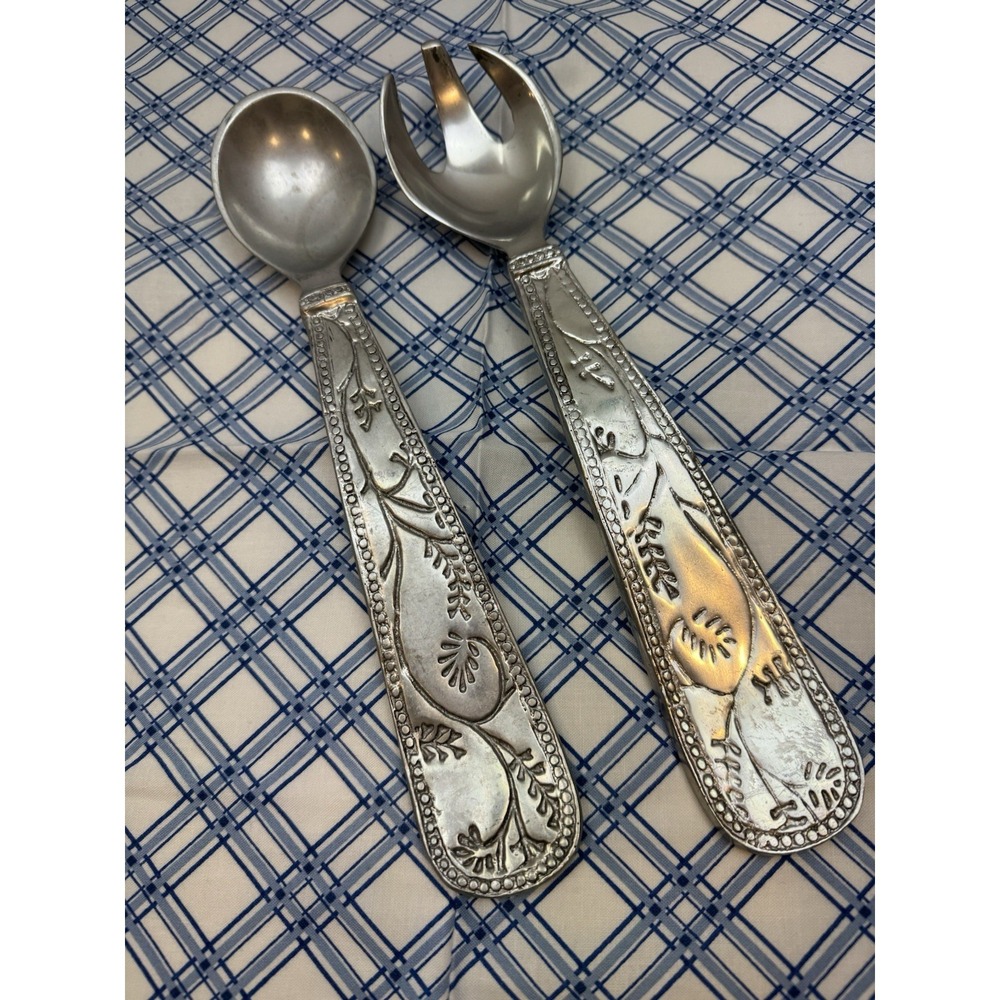 Pewter Metal Floral Salad Server Set, Spoon Fork, Matte Silver Finish, 10 Inch - Picture 5 of 6